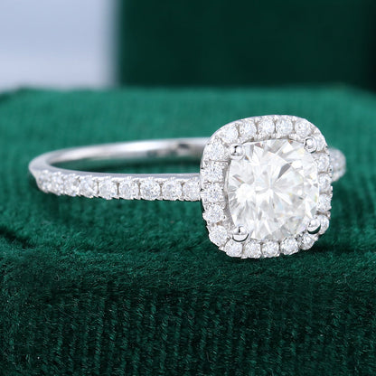 0.96 CT Cushion Pave & Halo Moissanite Engagement Ring