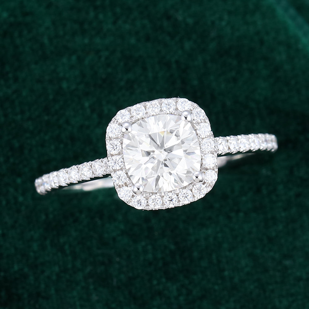 0.96 CT Cushion Pave & Halo Moissanite Engagement Ring