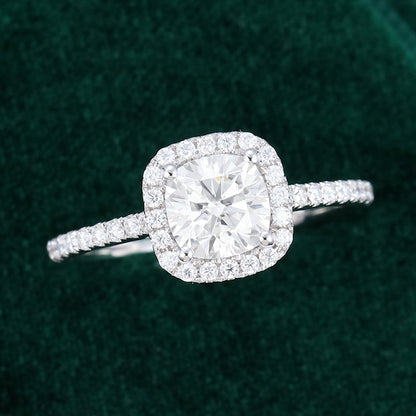 0.96 CT Cushion Pave & Halo Moissanite Engagement Ring