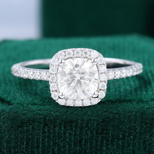 0.96 CT Cushion Pave & Halo Moissanite Engagement Ring