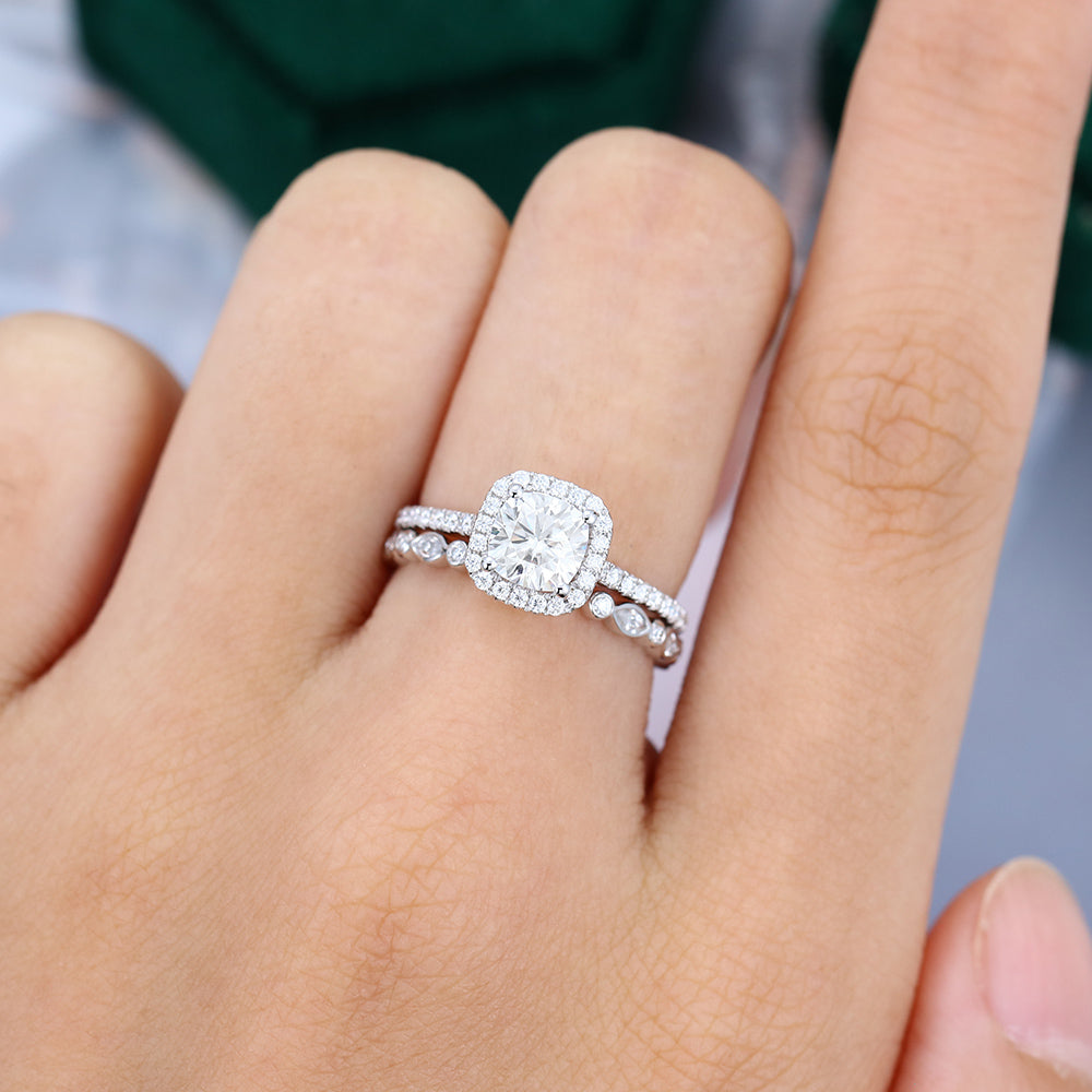 0.96 CT Cushion Halo & Pave Moissanite Bridal Set