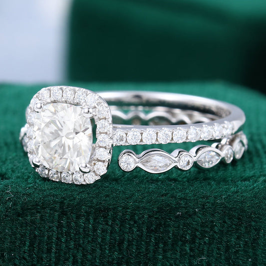 0.96 CT Cushion Halo & Pave Moissanite Bridal Set