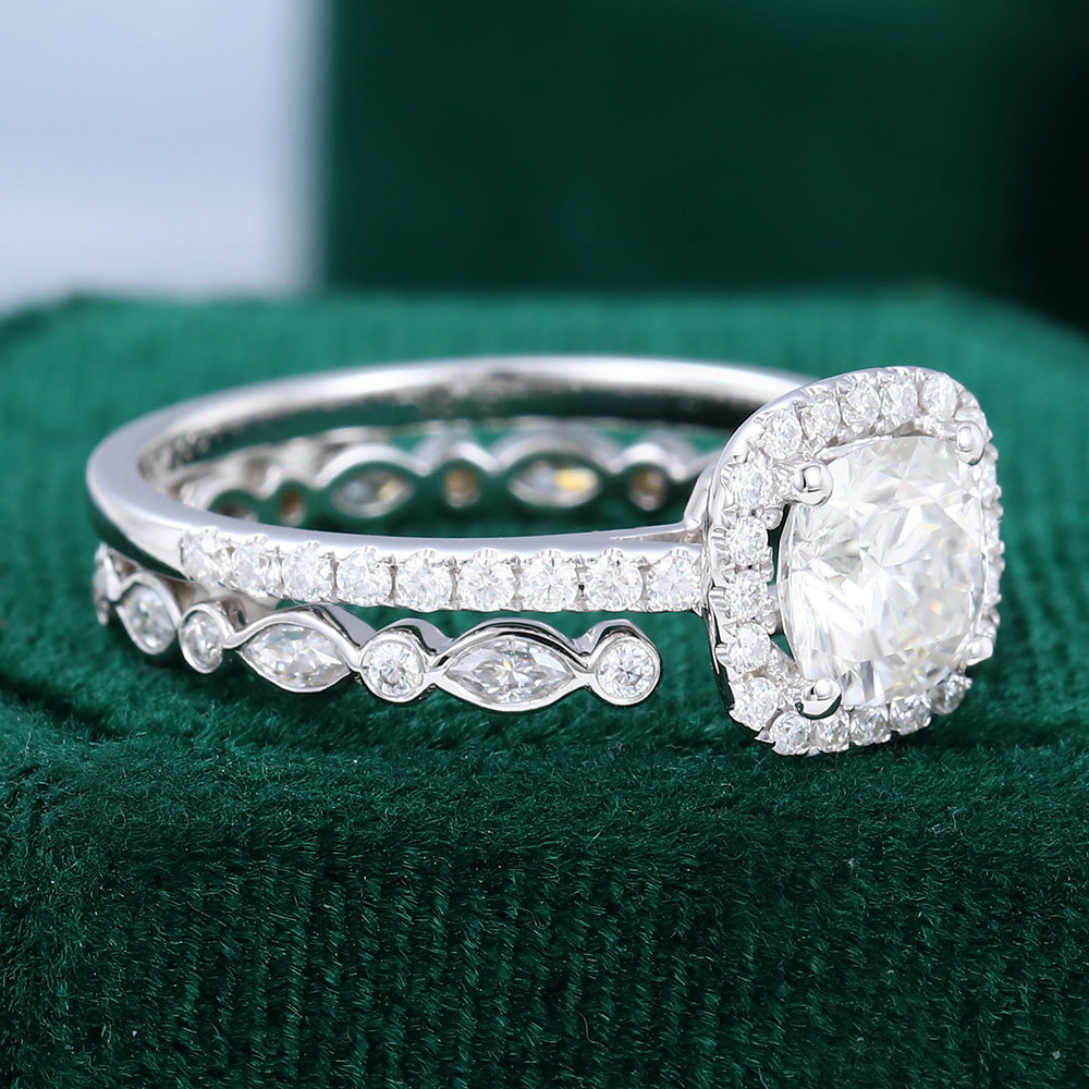 0.96 CT Cushion Halo & Pave Moissanite Bridal Set