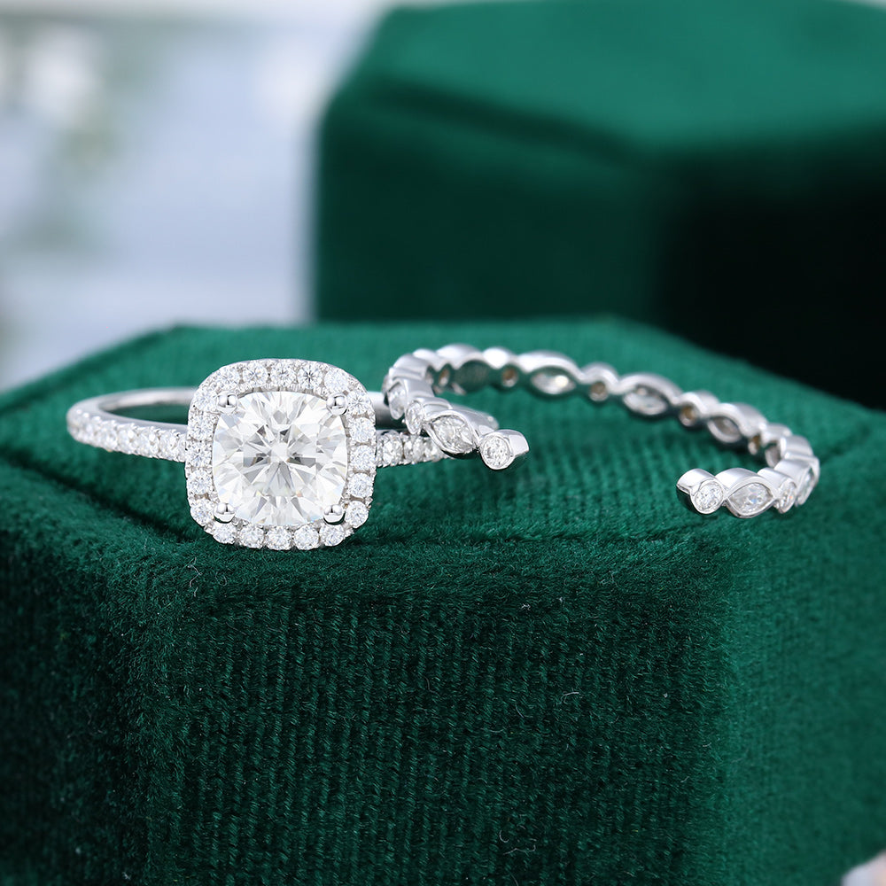 0.96 CT Cushion Halo & Pave Moissanite Bridal Set