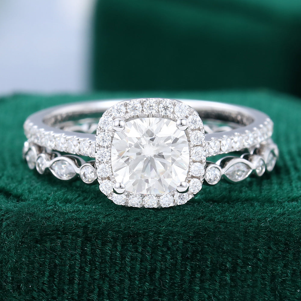 0.96 CT Cushion Halo & Pave Moissanite Bridal Set