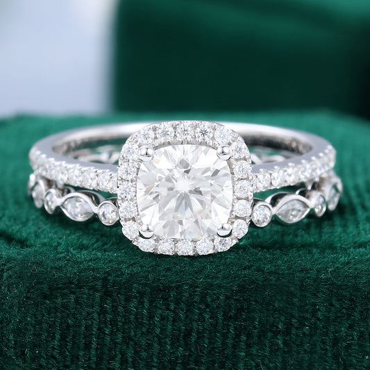0.96 CT Cushion Halo & Pave Moissanite Bridal Set