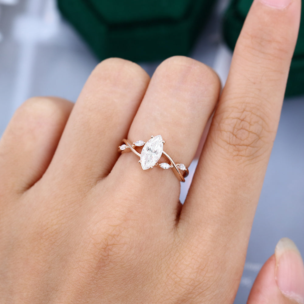 1 CT Marquise Twisted Pave Moissanite Engagement Ring