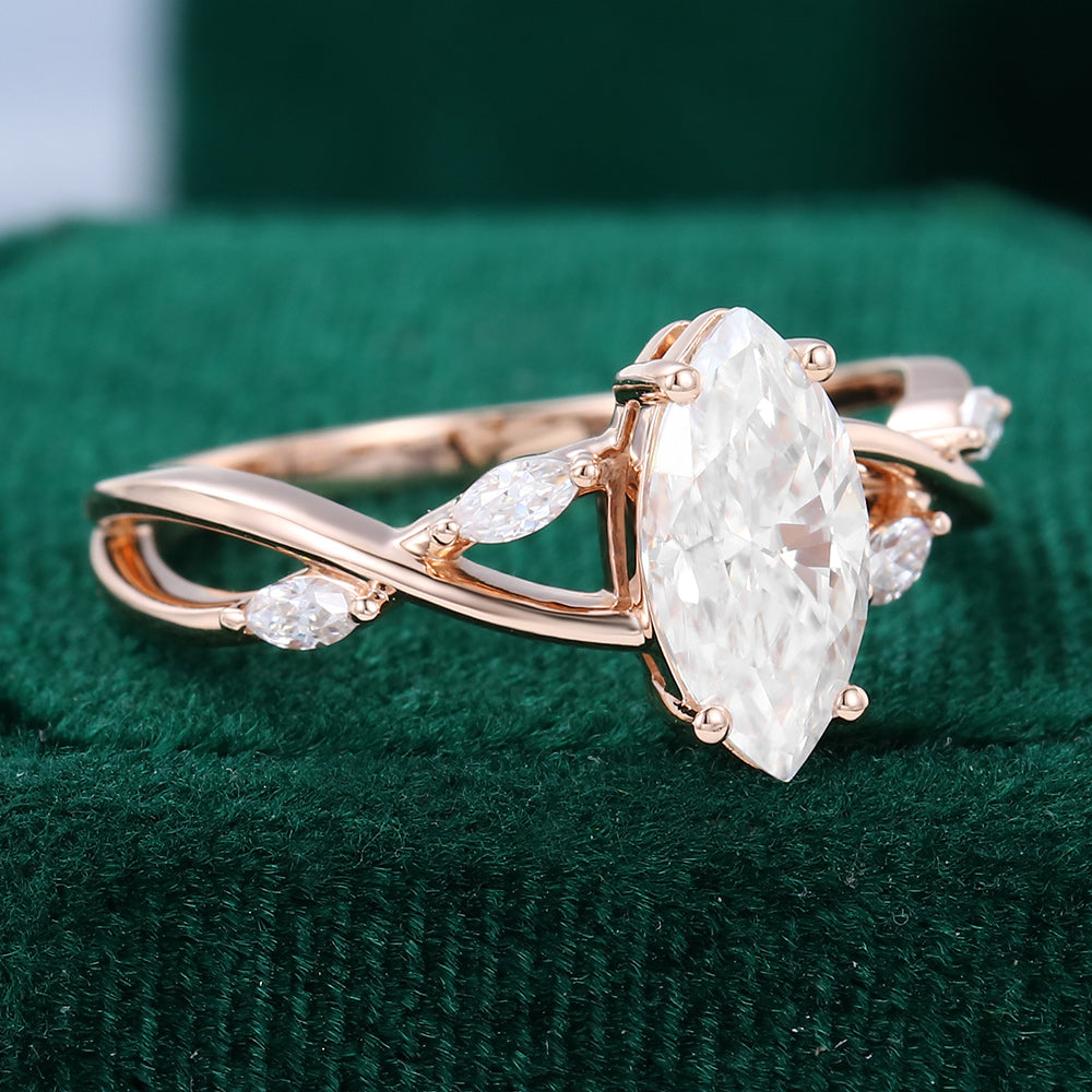 1 CT Marquise Twisted Pave Moissanite Engagement Ring