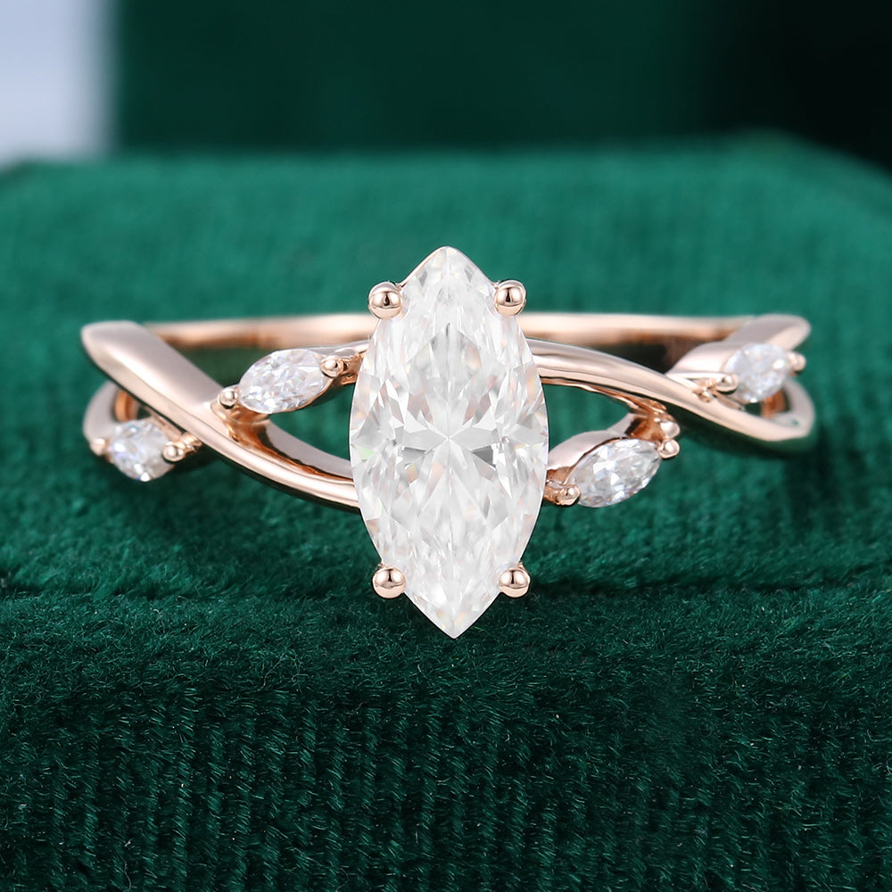 1 CT Marquise Twisted Pave Moissanite Engagement Ring