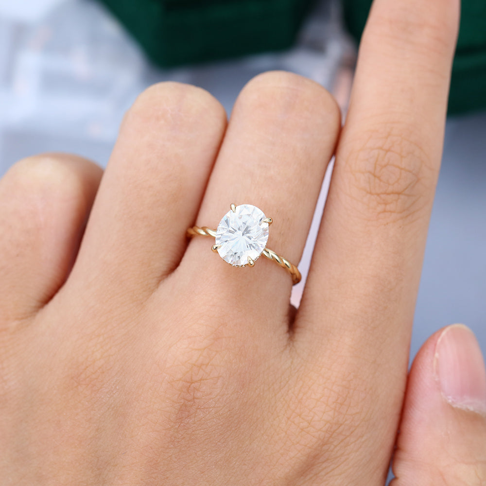 2.72 CT Oval Hidden Halo Twisted Shank Moissanite Engagement Ring
