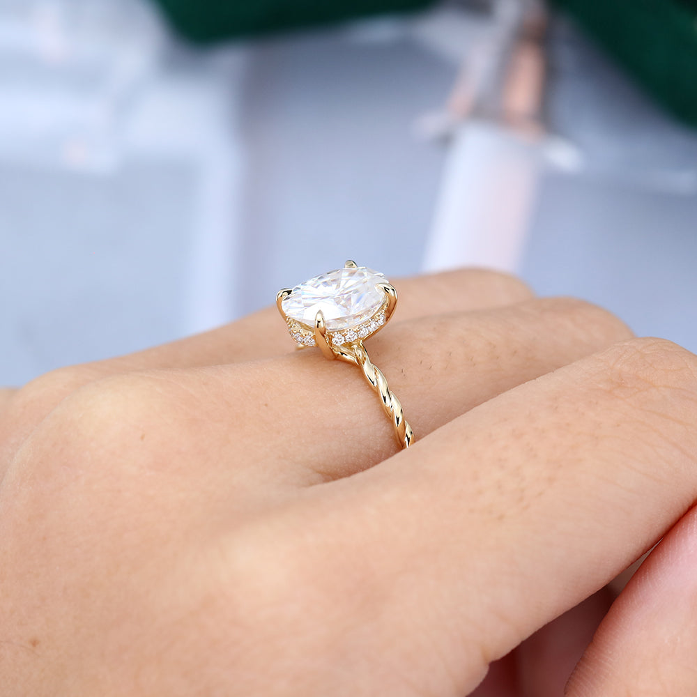2.72 CT Oval Hidden Halo Twisted Shank Moissanite Engagement Ring