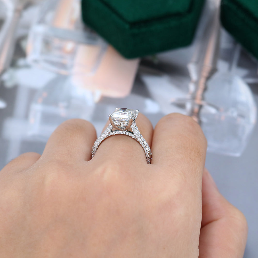 3.51 CT Radiant Hidden Halo & Pave Moissanite Engagement Ring