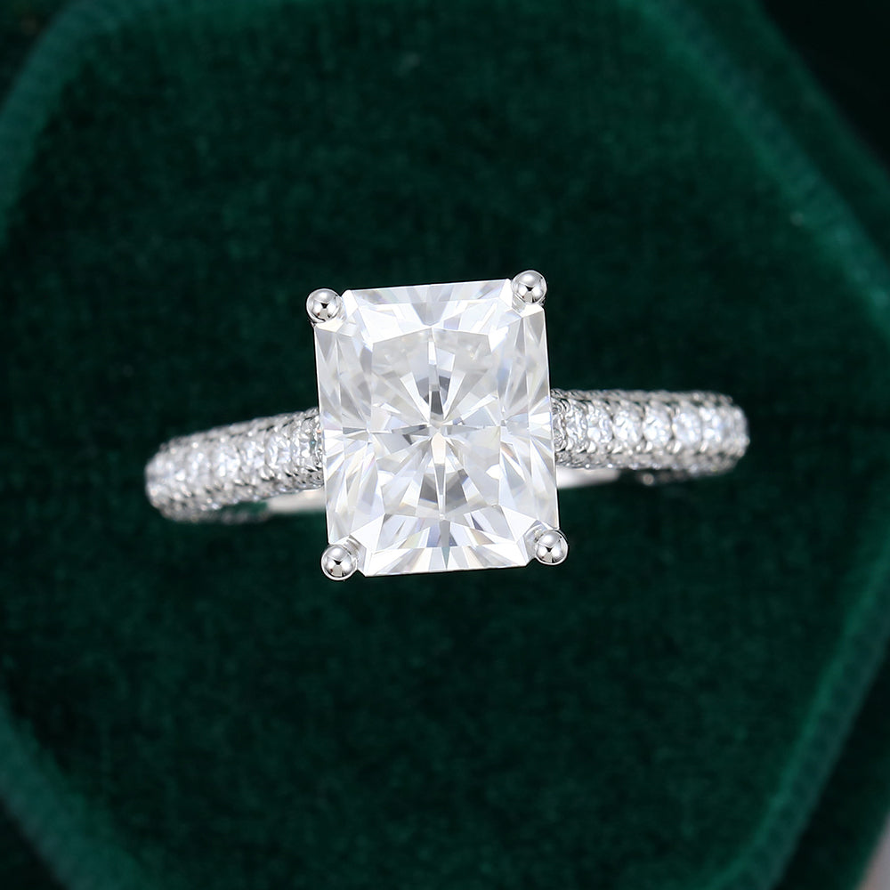 3.51 CT Radiant Hidden Halo & Pave Moissanite Engagement Ring