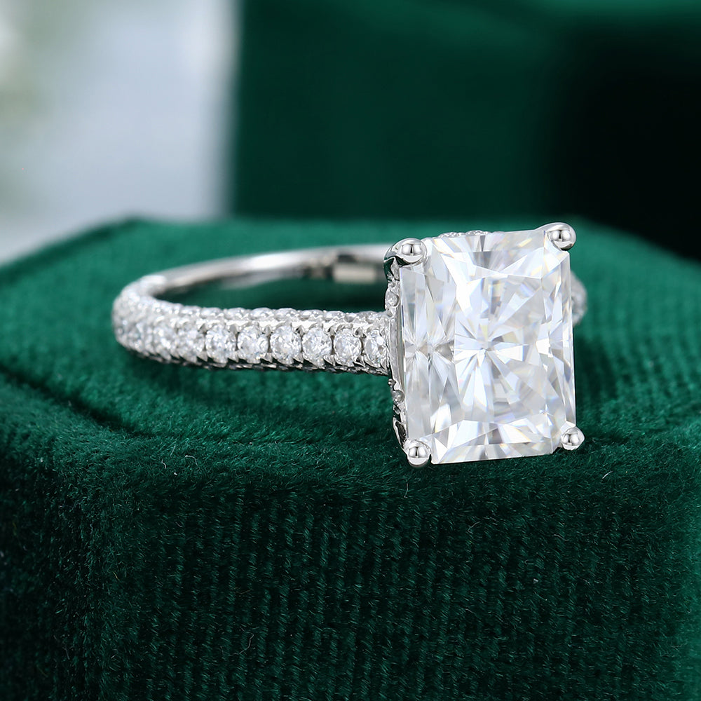 3.51 CT Radiant Hidden Halo & Pave Moissanite Engagement Ring
