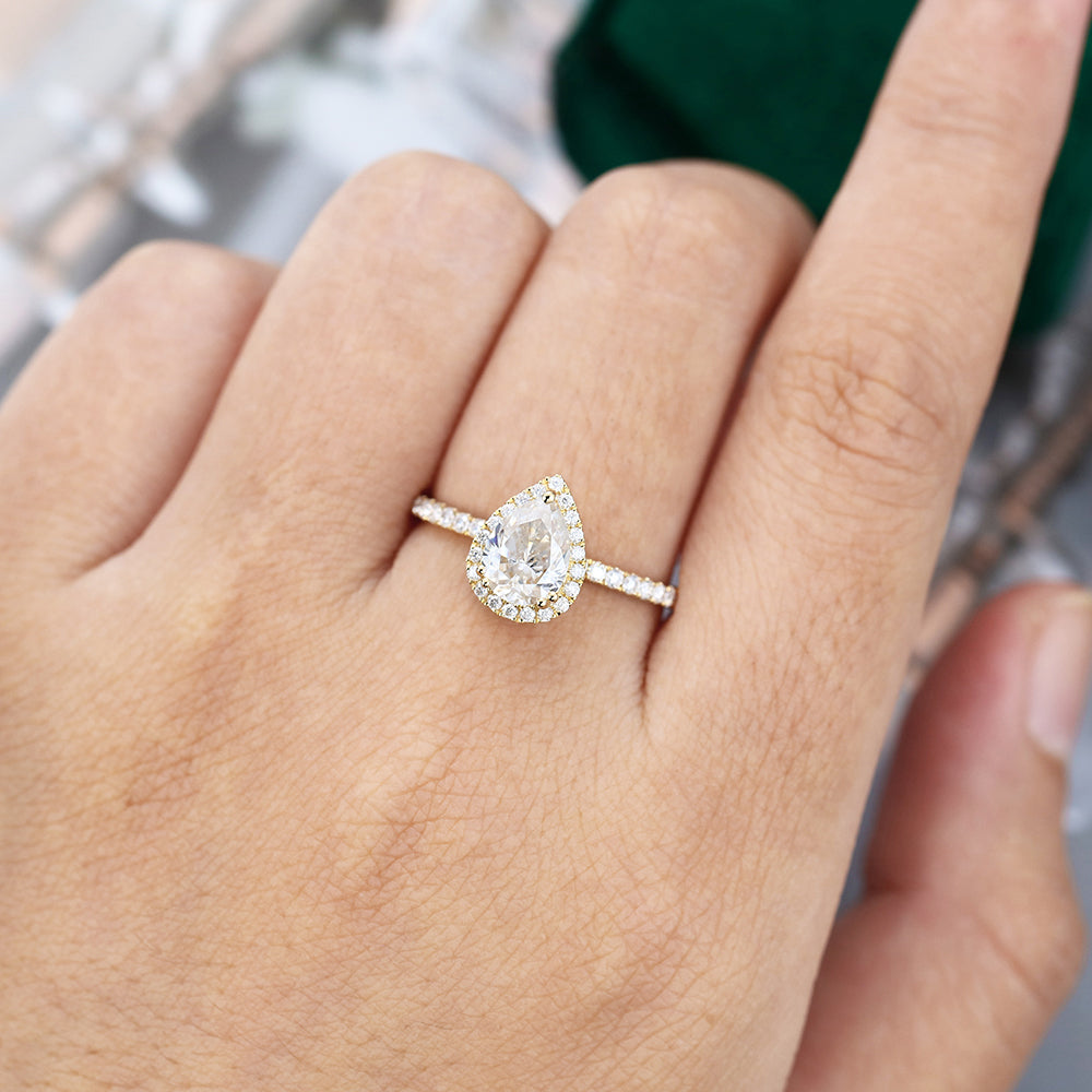 1 CT Pear Halo & Pave Moissanite Engagement Ring