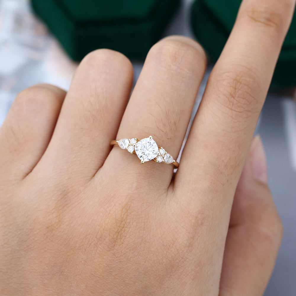 0.96 CT Cushion Cluster Moissanite Engagement Ring