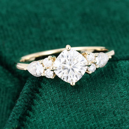 0.96 CT Cushion Cluster Moissanite Engagement Ring