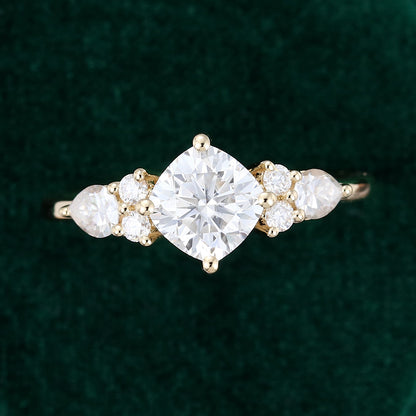 0.96 CT Cushion Cluster Moissanite Engagement Ring