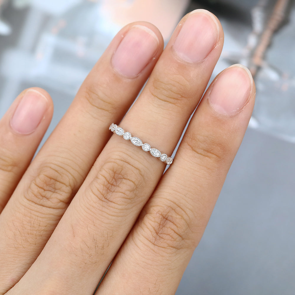 0.027 TCW Marquise & Round Milgrain Half Eternity Moissanite Wedding Band