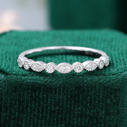 0.027 TCW Marquise & Round Milgrain Half Eternity Moissanite Wedding Band