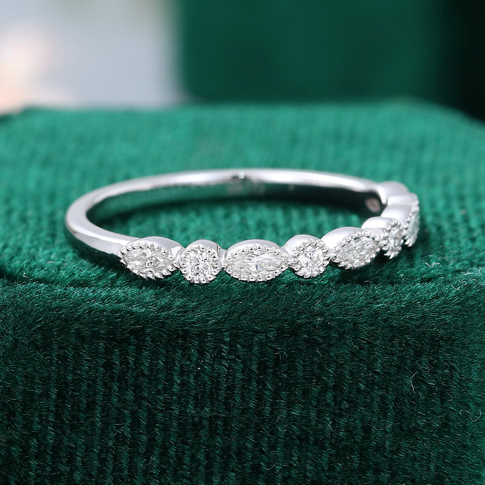 0.027 TCW Marquise & Round Milgrain Half Eternity Moissanite Wedding Band