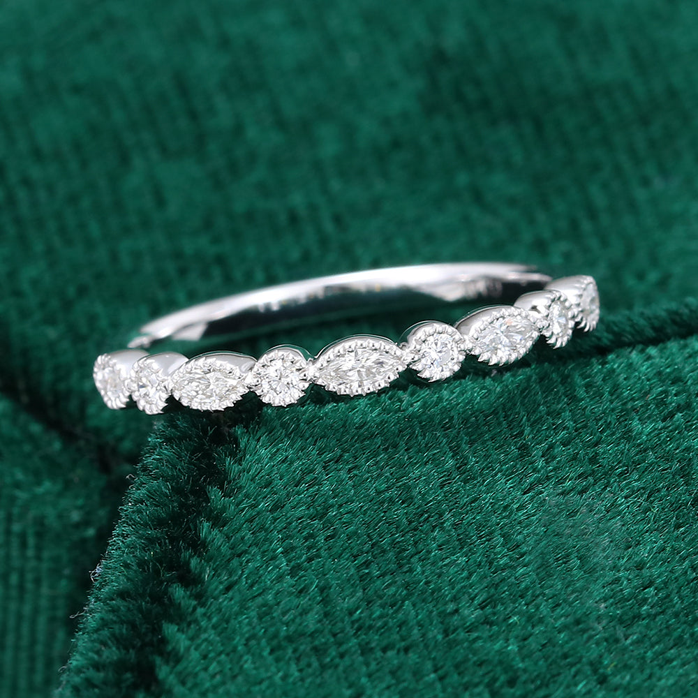 0.027 TCW Marquise & Round Milgrain Half Eternity Moissanite Wedding Band