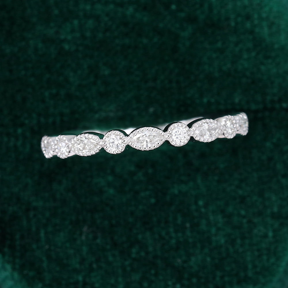 0.027 TCW Marquise & Round Milgrain Half Eternity Moissanite Wedding Band