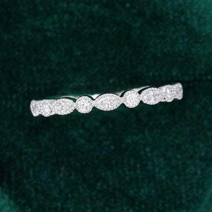 0.027 TCW Marquise & Round Milgrain Half Eternity Moissanite Wedding Band