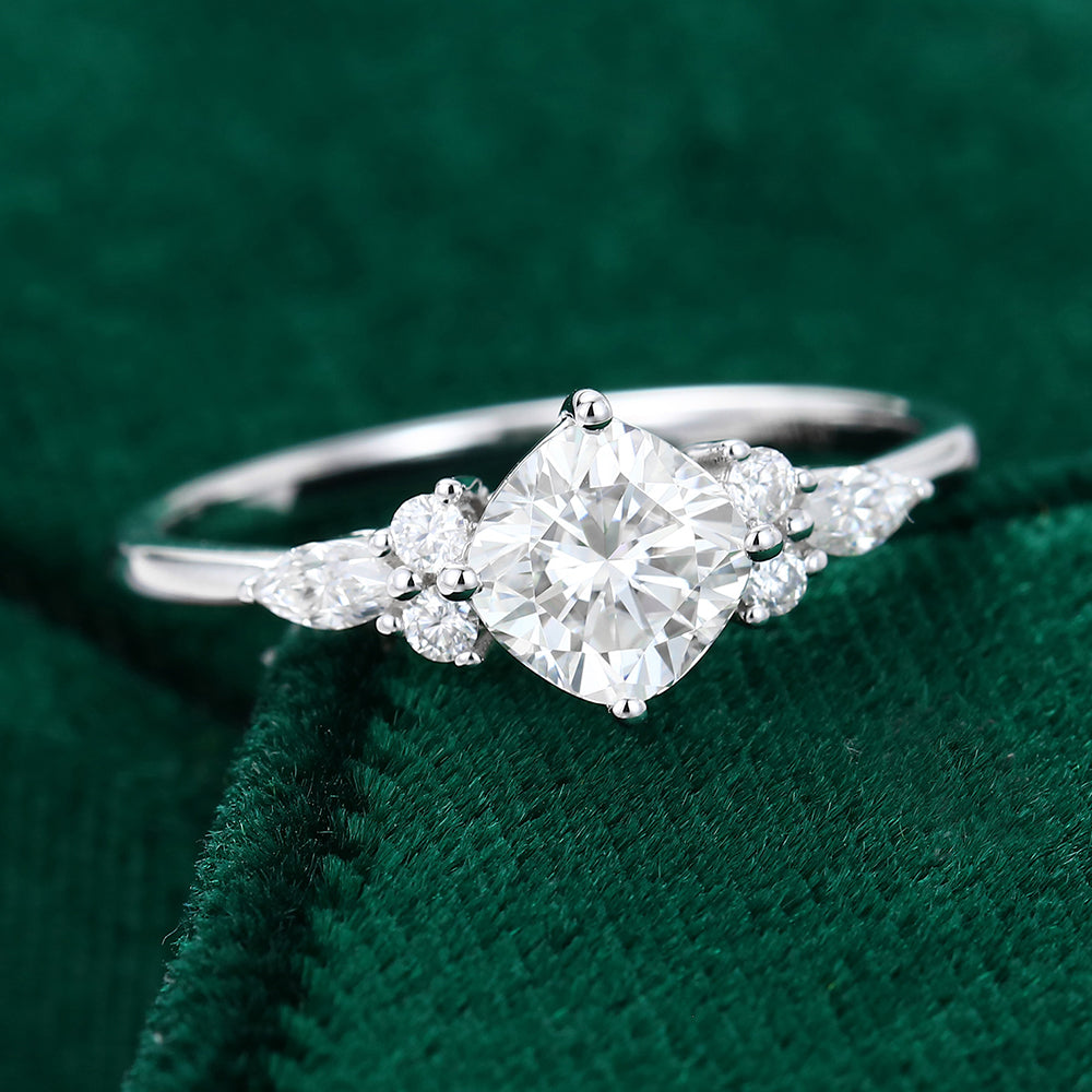 0.96 CT Cushion Cluster Moissanite Engagement Ring