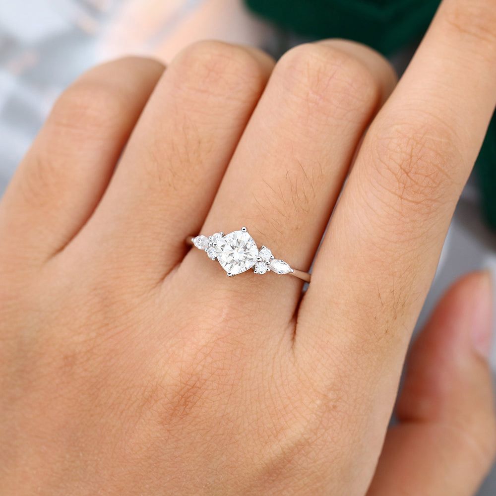 0.96 CT Cushion Cluster Moissanite Engagement Ring