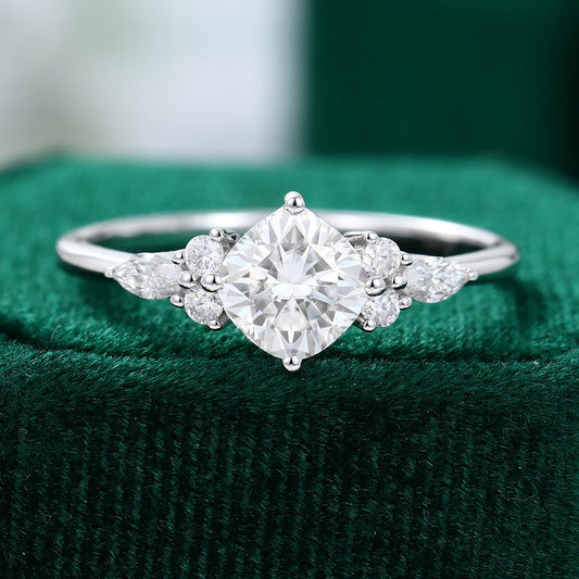 0.96 CT Cushion Cluster Moissanite Engagement Ring