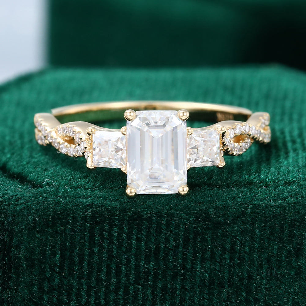 0.92 CT Emerald Three Stone Pave Moissanite Engagement Ring