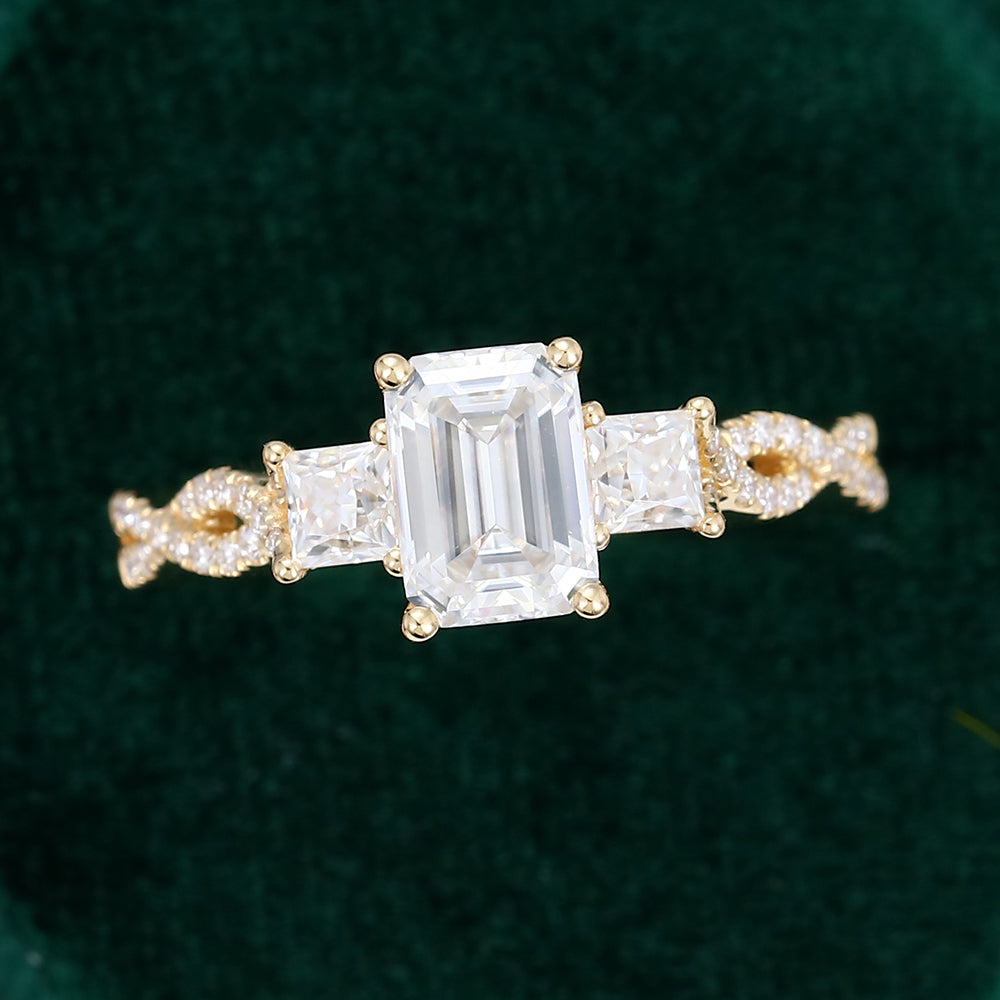 0.92 CT Emerald Three Stone Pave Moissanite Engagement Ring