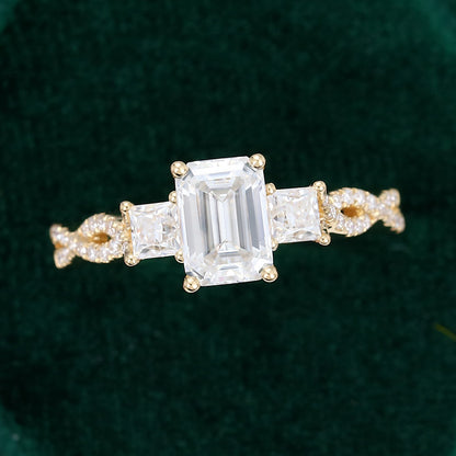 0.92 CT Emerald Three Stone Pave Moissanite Engagement Ring