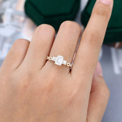 0.92 CT Emerald Three Stone Pave Moissanite Engagement Ring