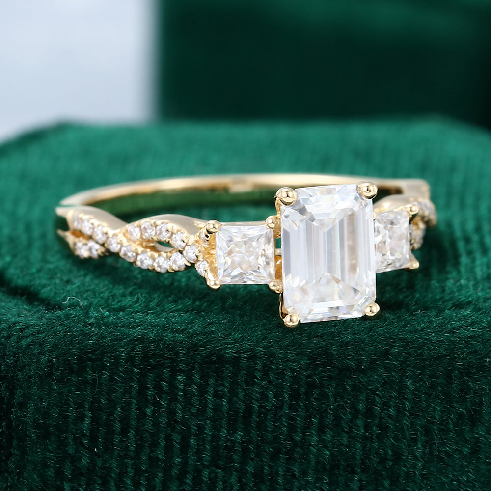 0.92 CT Emerald Three Stone Pave Moissanite Engagement Ring