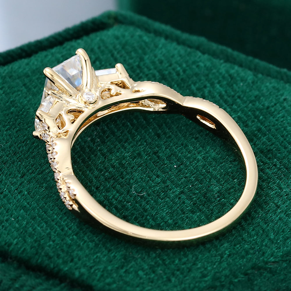 0.92 CT Emerald Three Stone Pave Moissanite Engagement Ring