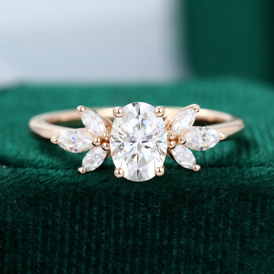 0.84 CT Oval Cluster Moissanite Engagement Ring