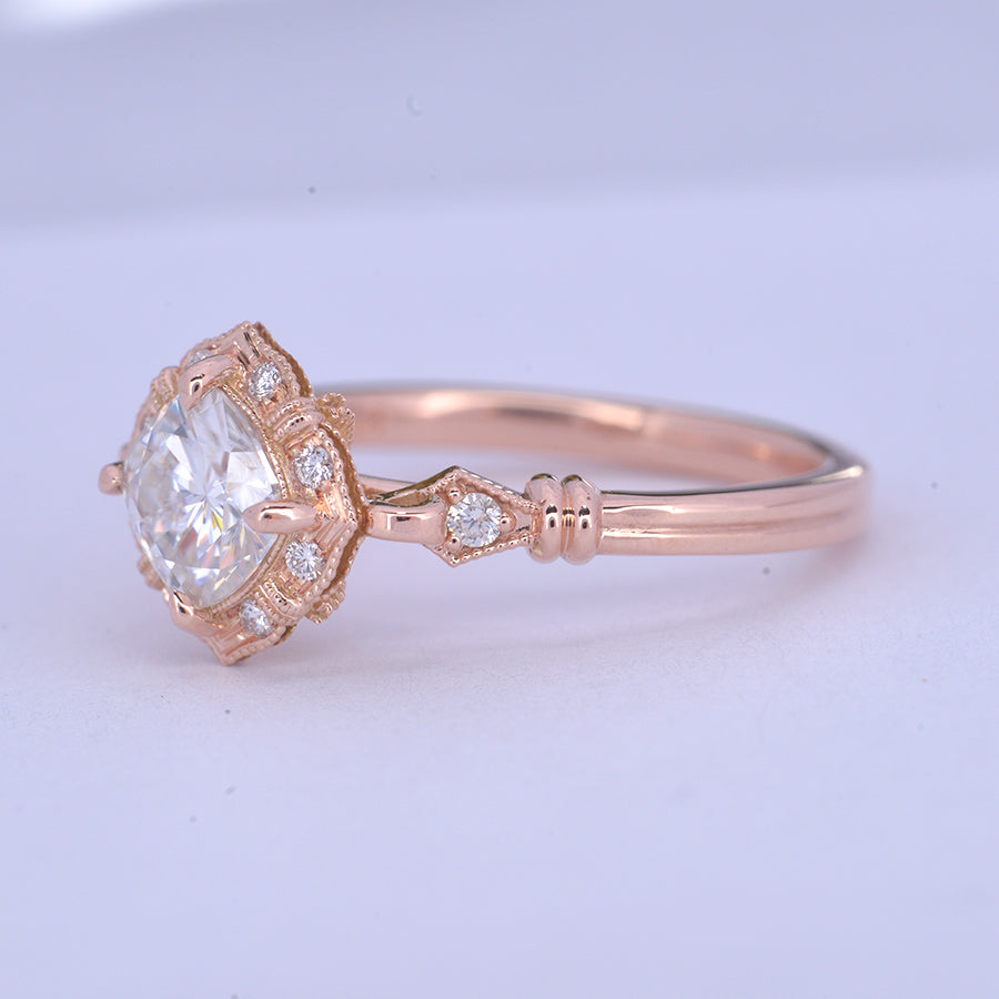 1 CT Cushion Vintage Halo & Pave Moissanite Engagement Ring