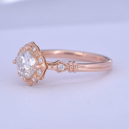 1 CT Cushion Vintage Halo & Pave Moissanite Engagement Ring