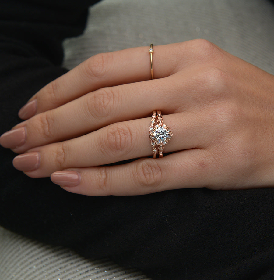 1 CT Cushion Vintage Halo & Pave Moissanite Engagement Ring