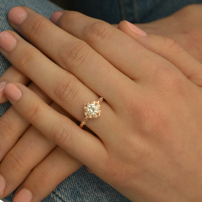 1 CT Cushion Vintage Halo & Pave Moissanite Engagement Ring