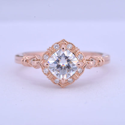 1 CT Cushion Vintage Halo & Pave Moissanite Engagement Ring