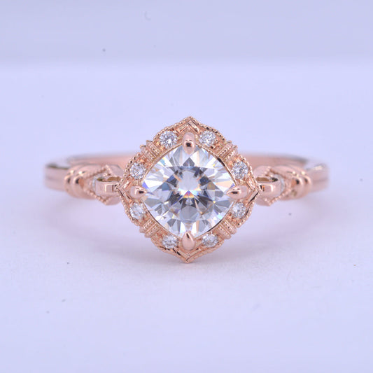 1 CT Cushion Vintage Halo & Pave Moissanite Engagement Ring
