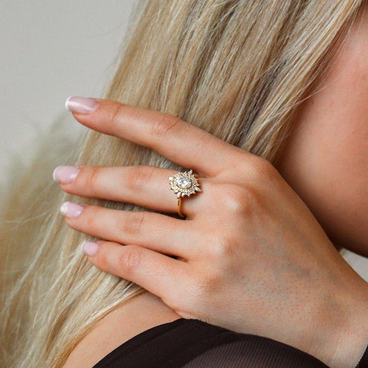 0.75 CT Oval Moissanite Cluster Halo Engagement Ring - farrellouise