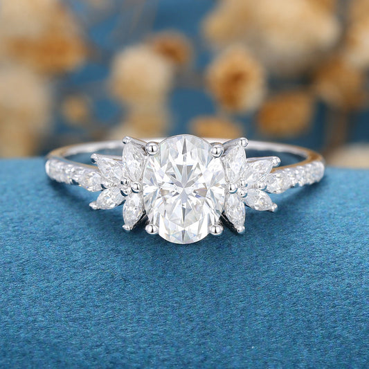 1.33 CT Oval Cluster Moissanite Engagement Ring