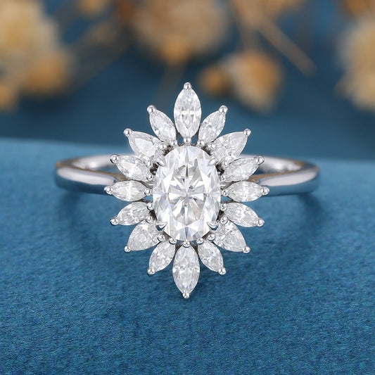 0.84 CT Oval Cluster Moissanite Engagement Ring