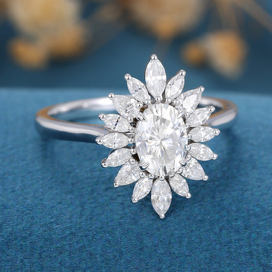 0.84 CT Oval Cluster Moissanite Engagement Ring