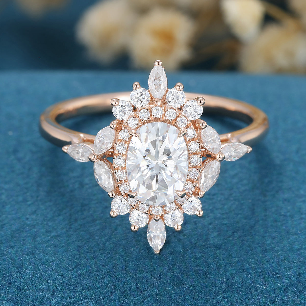 0.84 CT Oval Cluster Moissanite Engagement Ring