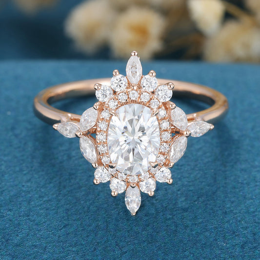 0.84 CT Oval Cluster Moissanite Engagement Ring